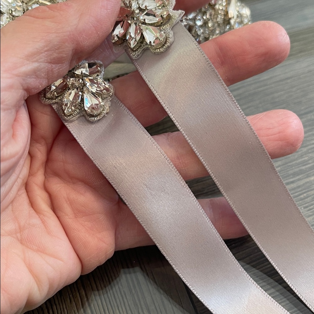 Bridal Dress Belt Silver Rhinestone Crystal with Faux Pearls & Grey Ribbon - Picture 5 of 17